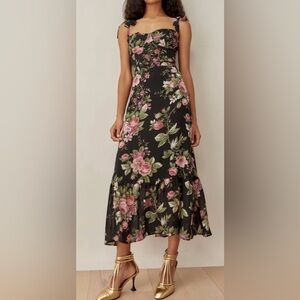Reformation Black Maxi Dress with Pink & Green Floral Print